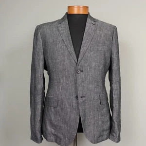 H&M Slim Fit Mens Charcoal Gray Linen Blazer Sport Coat Jacket Elbow Patches 44R - Picture 1 of 11