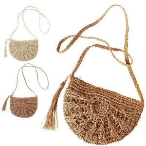 Women Woven Crossbody Straw Bag Round Rattan Shoulder Summer Beach Semicircle US - Picture 1 of 14