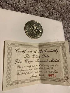 Vtg John Wayne Memorial Medal #0671 W/Cert Of Authenticity “The Golden Duke” - Picture 1 of 4