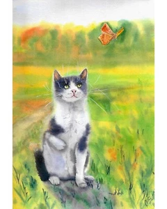 ORIGINAL A4 Aquarell Zeichnung Sommerkatze und Schmetterling hell sonnig Tag Geschenk - Bild 1 von 7