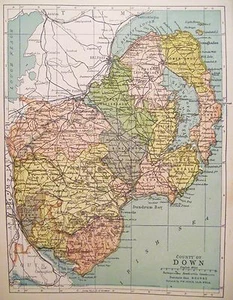 Irish Map Co DOWN Belfast Newcastle Northern Ireland Color PW Joyce 1905 7x9.5 - Picture 1 of 10