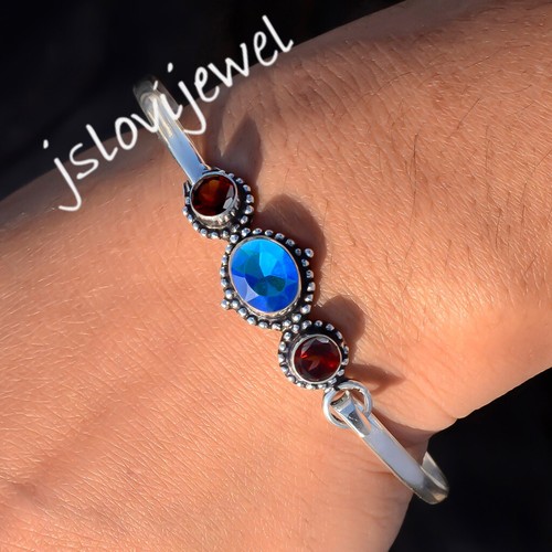 VALENTINO Bracciale Artigianale Tanzanite e Granato Sfaccettato Gemma Argento Sterling 925