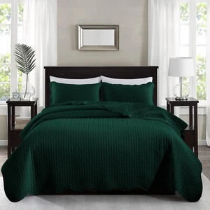 3 Piece Green Quilted Bedspread Twin Queen King Size Embossed Coverlet Bed Throw - Picture 1 of 44