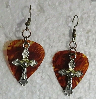 Pendientes Colgantes Cruz Cristiana Religiosa Plata-Marrón Bronce Gancho 1" Foto 1 de 2