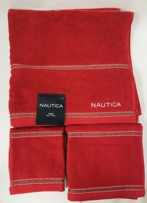 NUEVO JUEGO DE 3 PIEZAS NAUTICA BRIG CUERDA ROJA RAYAS ALGODÓN, BAÑO, TOALLA DE MANO + PAÑO DE LAVADO Foto 1 de 4