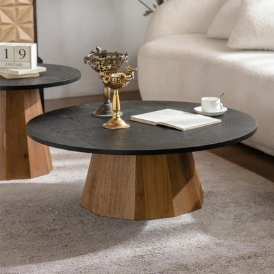 Round Wooden Coffee Table Sturdy Pedestal Easy to Assemble Living Room Tea Table - Image 1 of 4