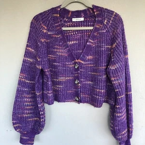Ivory Ella Oversized Cropped Cardigan Sweater Women's L Purple Chunky Cozycore - Picture 1 of 11