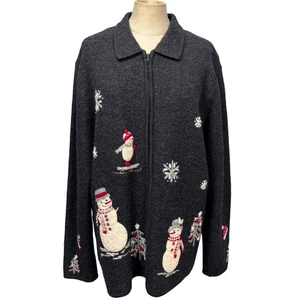 Schneemann Wolle Reißverschluss Ugly Christmas Pullover Mantel Damen XL anthrazit grau Schneeflocke - Bild 1 von 12