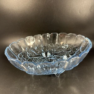 Vintage Indiana Glass Blue Footed Oval Fruit Bowl Garland Pattern 12”x 9” x 4” - Picture 1 of 10