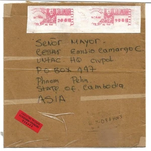 1117b: Freistempel Frankotyp COLOMBIA BOGOTA via UNO-Feldpost to Cambodia - Imagen 1 de 2