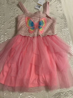 Nuevo con etiquetas Vestido Rosa Violeta Niñas Pequeñas Sin Mangas Mariposa Crochet Malla - Rosa 3 Foto 1 de 3