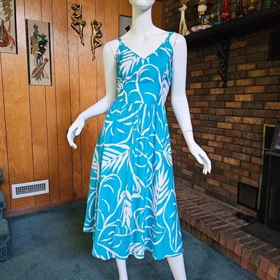 Vtg 60s Hawaiian Built In Bra Circle Skirt Kimos Polynesian Graphic Aqua Dress M - Image 1 of 4