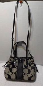 COACH MINI CARRYALL SIGNATURE Jacquard Bag Black Patent Handles,Black/Gray Body - Picture 1 of 24