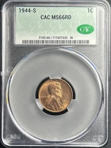 1944 S Lincoln Cent CAC MS66 RD Red Wheat Penny CACG - Bild 1 von 2