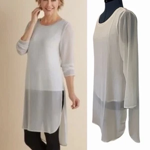 Weiche Umrandung Elfenbein Relaxed Eleganz Lagenlook Tunika Top Transparent Hi Lo Luxus L - Bild 1 von 5