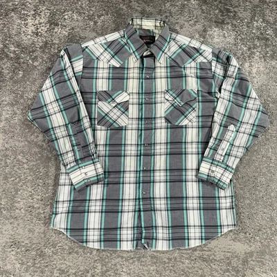 Vintage Panhandle Slim Shirt Mens 17.5 X 34 Grey Green Plaid Pearl Snap USA Made - Image 1 of 4