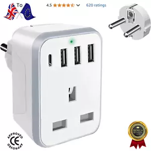 UK to EU Europe European Plug Travel Adapter with 4 USB Ports (1 USB C) - Picture 1 of 10