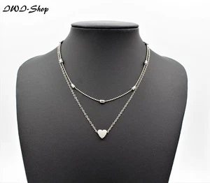 Halskette Kette Damen Farbe Silber Multilayer Zweireihig mit Herz Anhänger Edel - Bild 1 von 2