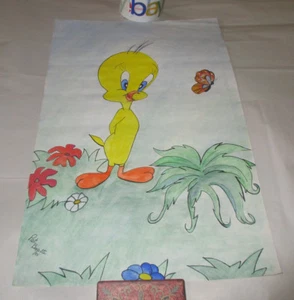 Signiert Pat Boyette 95 Skizze Kunst Gemälde auf Papier Tweety Vogel 11 6/8 x 17 6/8" - Bild 1 von 11