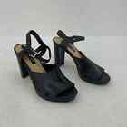 Nine West Black Leather Ankle Strap Block Heel Peep Toe Sandals Womens 9