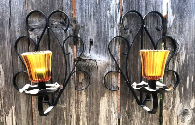 VINTAGE Pair Black Scrolled Iron Wall Sconce Candle Holder Home Decor - Image 1 of 4
