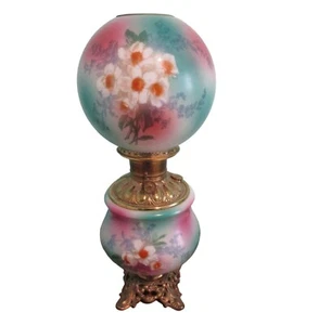 Antique Floral Glass Hurricane Lamp Brass Base Hand Painted Electrified Works - Picture 1 of 24