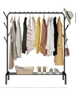  Freestanding Metal Clothes Rack with Storage Shelf For Shoes & Side Hooks - Picture 1 of 4