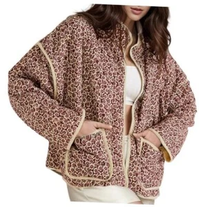 Women's Cropped Puffer Quilted Jacket Vintage Floral Print Open Medium Red - Picture 1 of 7