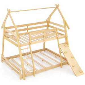 Twin Over Queen Bunk Bed House Shaped Bed Frame with Climbing Nets and Ramp - Picture 1 of 10
