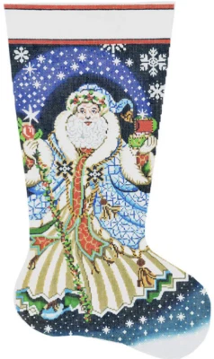 HandPainted Needlepoint Lee Christmas Stocking Santa w/ Blue Robe 23" - Image 1 of 4