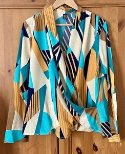 SHEIN Sason Beige Geometric Blouse | Faux Wrap | Long Sleeve | Size L / 12-14 - Picture 1 of 7