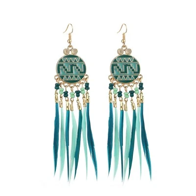 Серьги бохо с перьями и бисером бахрома кисточки богемные этнические висячие капли ручной работы - Изображение 1 из 4