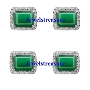 Natural Green Onyx & CZ Stones with 925 Sterling Silver Tuxedo Buttons set #314 - Picture 1 of 6