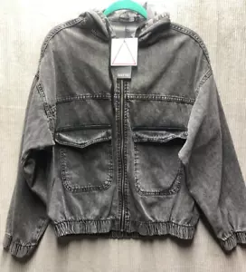 Boohoo Blue Hooded Bomber Jacket Size 2 Gray Stonewash Full Zip Pockets NWT - Picture 1 of 12