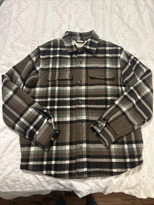 Old Navy M brown and sage wool blend plaid faux sherpa lined flannel shacket - Image 1 of 4