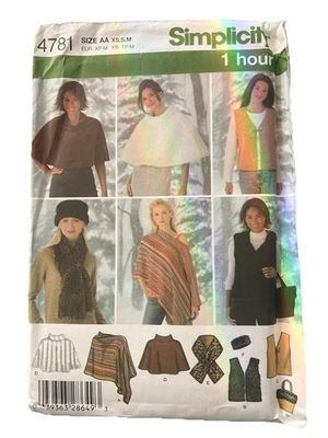 Simplicity 4781 Misses Poncho Vest Scarf Head Band Bag Sewing Pattern XS S M Cut - Image 1 of 2