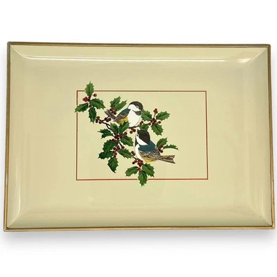 Bandeja de servir vintage Otagiri Japão laca azevinho galinhas prato pássaro de Natal - Imagem 1 de 4