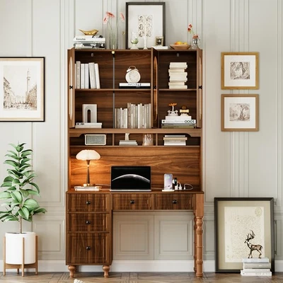 Escritorio retro de 47"" (puertos de carga, cobertizo, 5 cajones, estantería con puerta de vidrio, hogar) Foto 1 de 4