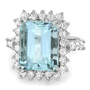 Anillo de compromiso/propuesta fino de diamantes y aguamarina de 6,90 quilates de oro blanco de 18 quilates - Imagen 1 de 11