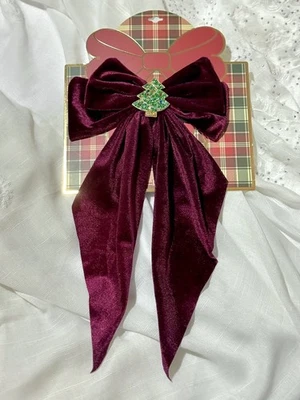 Borgoña Rojo Terciopelo Lazo Cordón Clip de Pelo Piedras Cuentas, Árbol de Navidad Vacaciones Foto 1 de 4