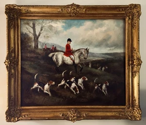 Atemberaubende antike mittelgroße reiterische Jagdszene signiert in Holz Gold gerahmt - Bild 1 von 6