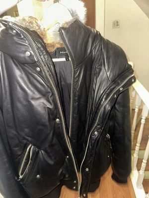 Mackage Mens Glen 2in1 Leather Bomber Hooded Bib Black/Natural Fur 42 - Image 1 of 2