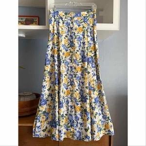 Vintage 90er Paris blau gelb Blumen Maxirock hohe Taille Schlitze fließend Gr. M - Bild 1 von 7