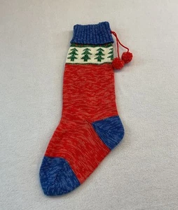 Russ Berrie Christmas Stocking Knit Tree Red Blue Green Pom Poms - Picture 1 of 12