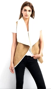 SPLENDID Tan Faux Sherpa Shearling Drape Open Front Keane Vest Sz Small 1086U4 - Picture 1 of 12