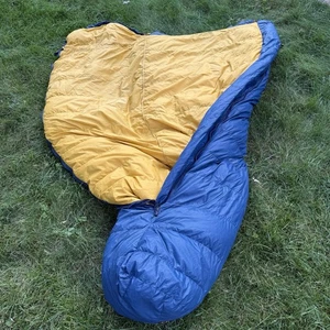 Vintage Eddie Bauer Premium Goose Down Mummy Sleeping Bag 81" x 30 Navy Gold - Picture 1 of 13
