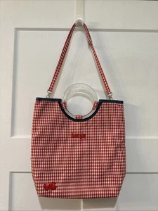 Vintage Bongo Boho Bag Tote Purse 70s Vibe Lucite Handles Strawberry Red Check - Picture 1 of 7
