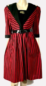 Vintage 80s Etoile Red Black Striped Emblem A Line Cotton Sailor Dress M - Picture 1 of 7