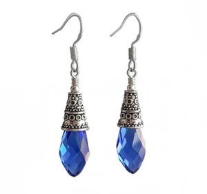 Royal Blue Teardrop Earrings Crystal 925 sterling silver hooks Tibetan Silver - Picture 1 of 3