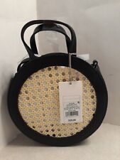 Round Crossbody Bag Purse Handbag Black Faux Leather & Woven Straw Front. NEW